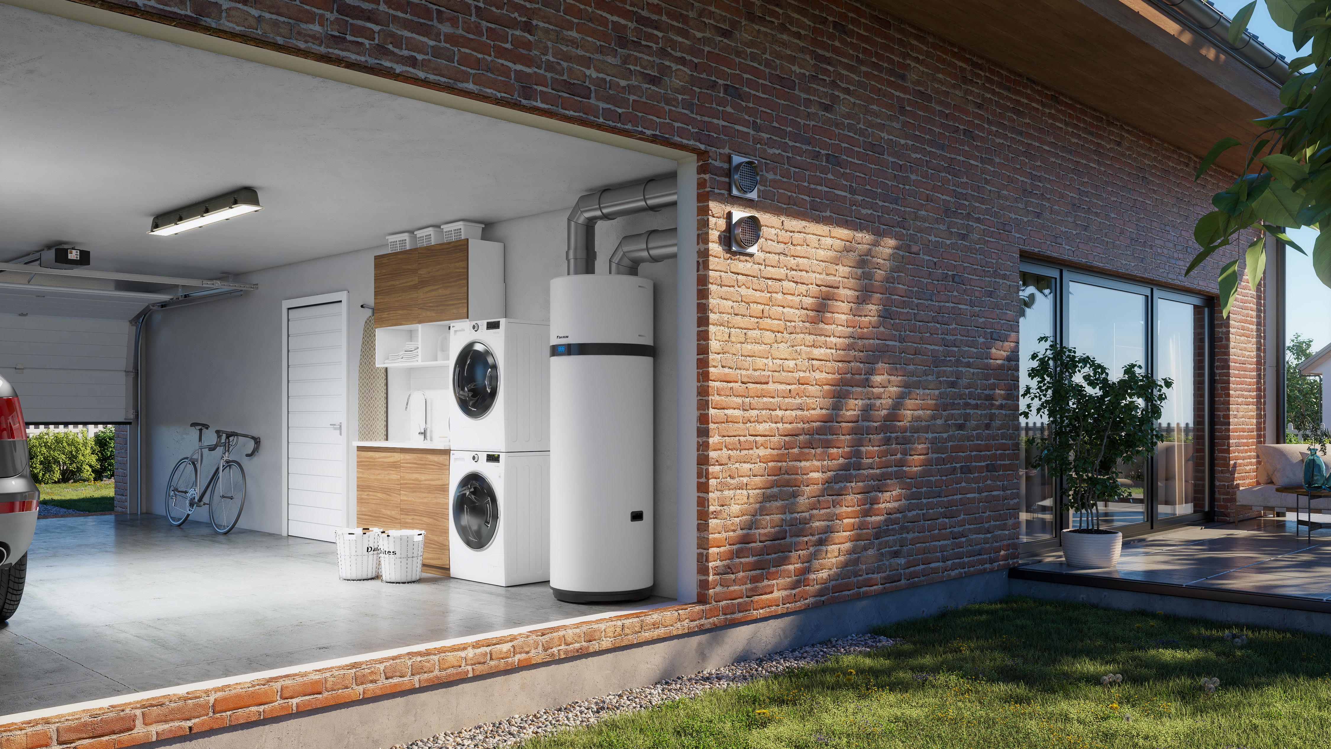 Serbatoio per l'acqua calda sanitaria a energia rinnovabile installato in garage