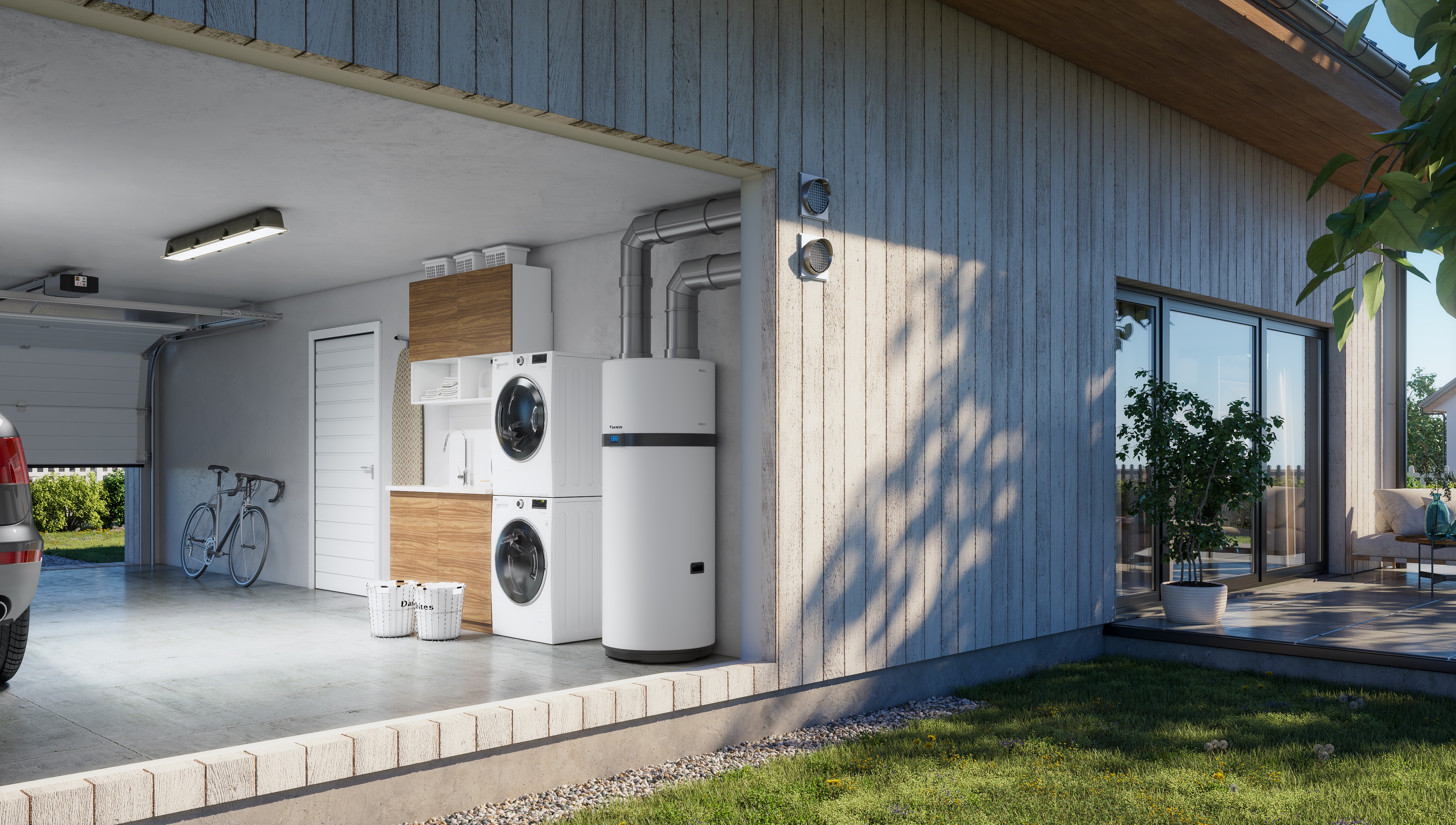 Serbatoio per l'acqua calda sanitaria a energia rinnovabile installato in garage